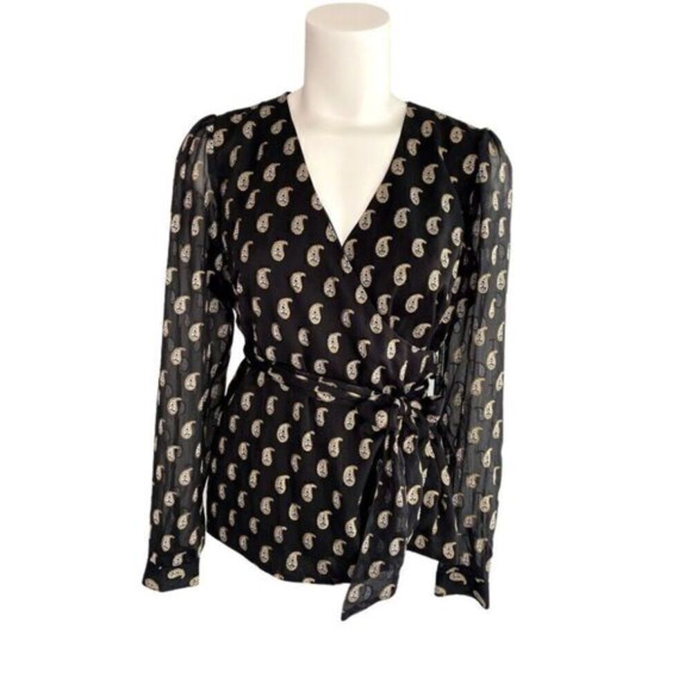 INC Surplice Blouse Top S Black Gold Paisley Tie‎